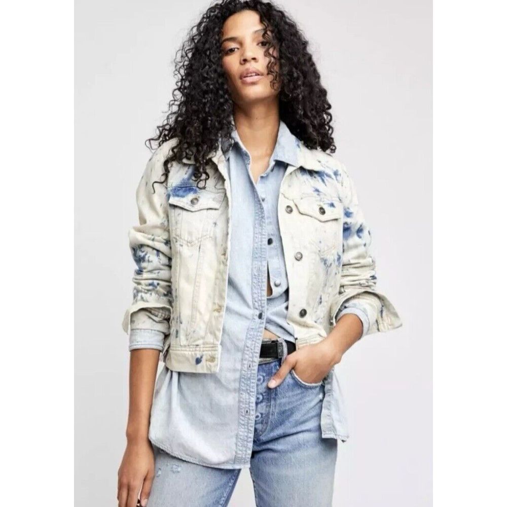 Free People‎ Jones Denim Jacket Womens Size S Blue Tie Dye OB809197 Trucker